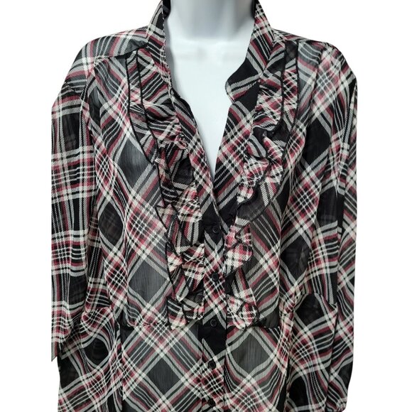Lane Bryant Tops - Lane Bryant Size 22/24 Black Plaid Ruffle Front Babydoll Blouse Top Sheer Preppy